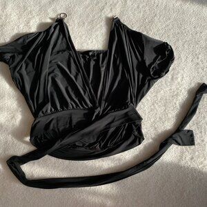 Express Women's Belted Black Wraparound Blouse with Silver Hook & Eye Closure L